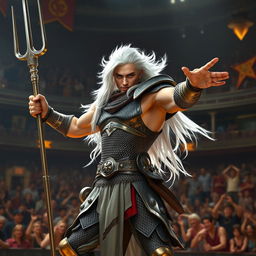 An androgynous aasimar gladiator champion striking a confident pose for the crowd, exuding a mix of charisma and strength