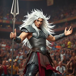 An androgynous aasimar gladiator champion striking a confident pose for the crowd, exuding a mix of charisma and strength