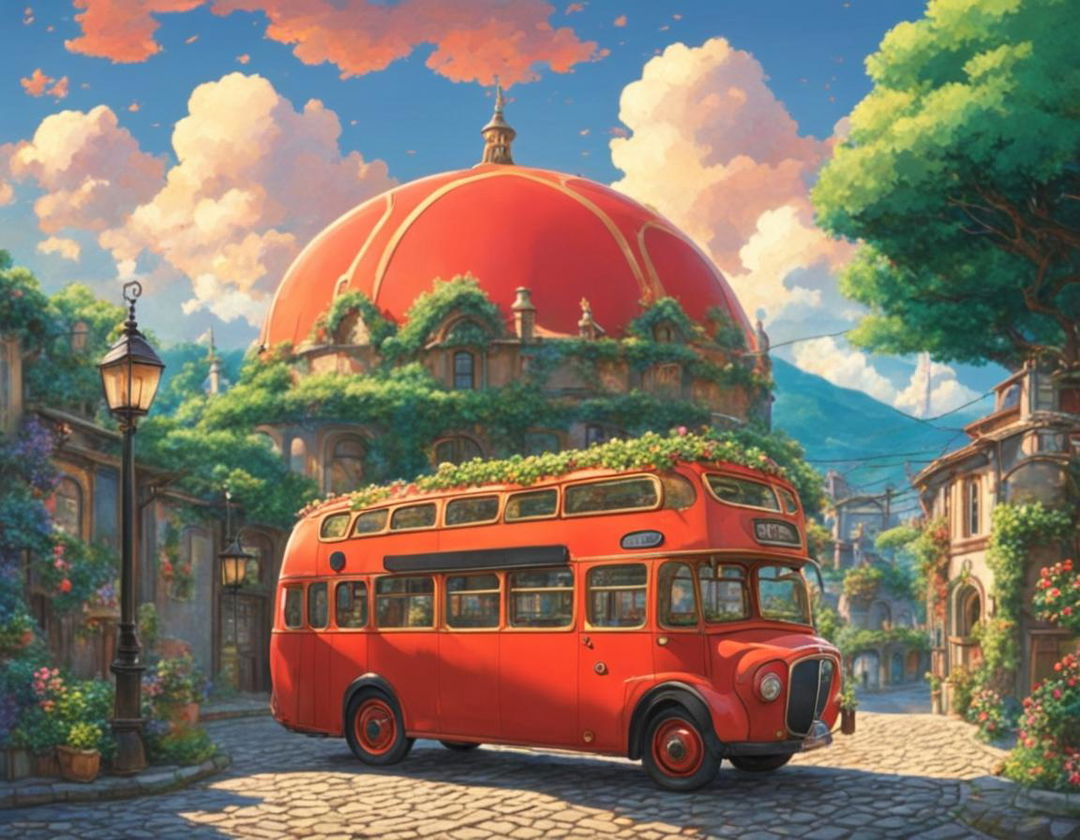 A vibrant red bus with a friendly appearance sits on a cobblestone road in a Studio Ghibli-inspired world