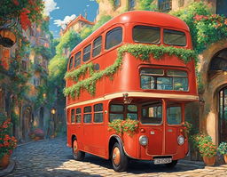 A vibrant red bus with a friendly appearance sits on a cobblestone road in a Studio Ghibli-inspired world