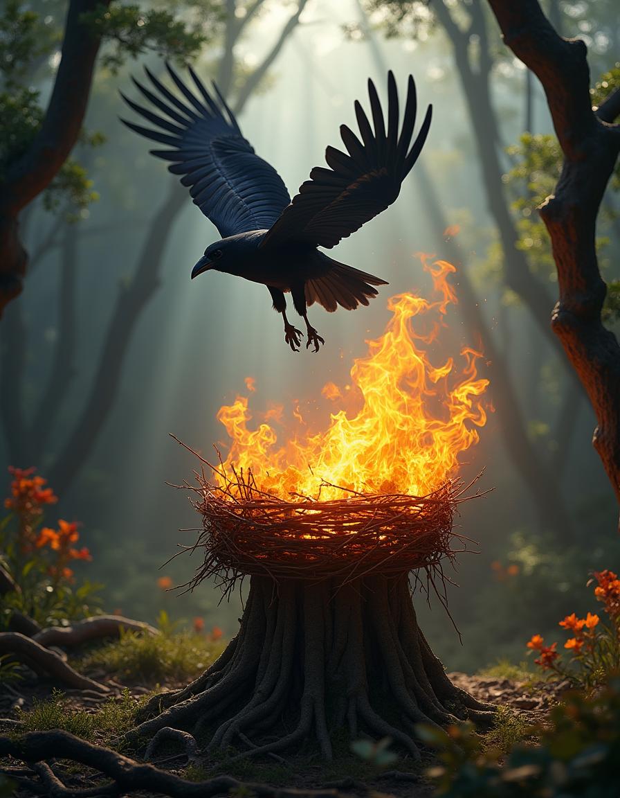 A captivating image of a crow soaring majestically above a crown made of interwoven branches that is dramatically ablaze, set against the backdrop of an ancient magical forest