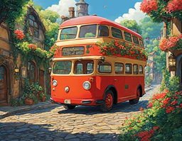 A vibrant red bus with a friendly appearance sits on a cobblestone road in a Studio Ghibli-inspired world