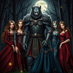 A dramatic scene titled 'Supernatural Love: A Majestic Tale of Four Wives and Their Werewolf King,' depicting a powerful werewolf king surrounded by four beautiful wives