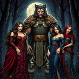 A dramatic scene titled 'Supernatural Love: A Majestic Tale of Four Wives and Their Werewolf King,' depicting a powerful werewolf king surrounded by four beautiful wives