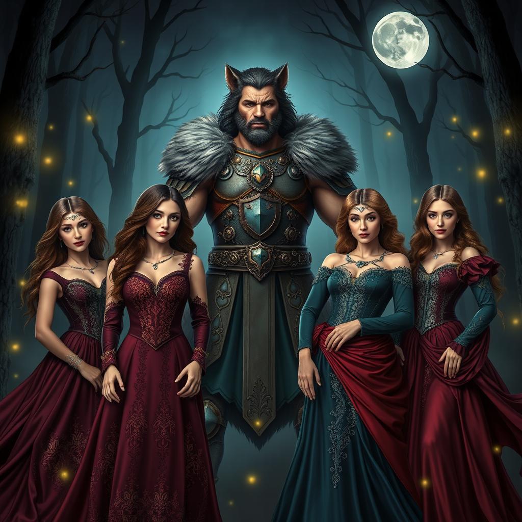 A dramatic scene titled 'Supernatural Love: A Majestic Tale of Four Wives and Their Werewolf King,' depicting a powerful werewolf king surrounded by four beautiful wives