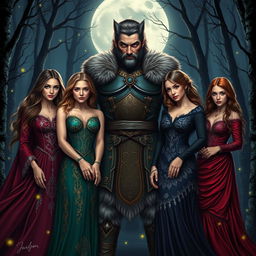 A dramatic scene titled 'Supernatural Love: A Majestic Tale of Four Wives and Their Werewolf King,' depicting a powerful werewolf king surrounded by four beautiful wives