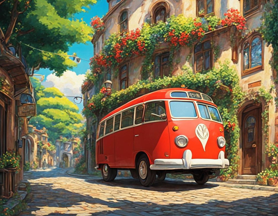 A vibrant red bus with a friendly appearance sits on a cobblestone road in a Studio Ghibli-inspired world