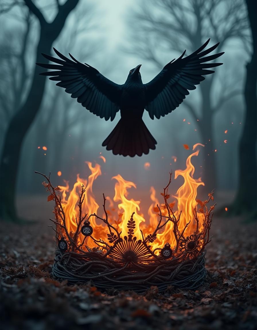 An immersive dark fantasy scene showcasing a crow elegantly flying through a smoky atmosphere above a witch’s crown made of intricately woven branches, which is intensely ablaze