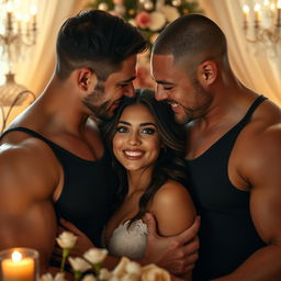 A heartwarming and passionate scene featuring two muscular men who are deeply in love with a gorgeous young woman with captivating blue eyes
