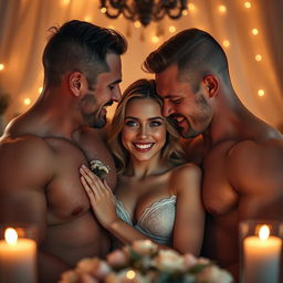 A heartwarming and passionate scene featuring two muscular men who are deeply in love with a gorgeous young woman with captivating blue eyes