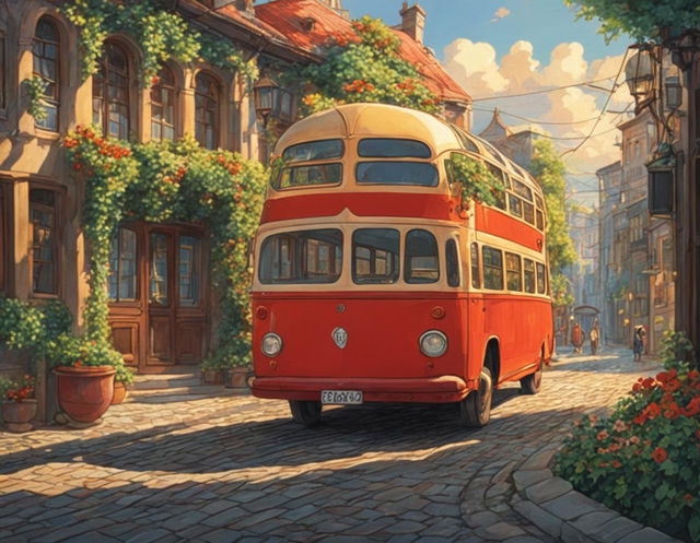 A vibrant red bus with a melancholic expression sits on a cobblestone road in a Studio Ghibli-inspired world