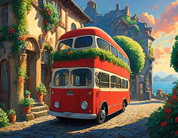 A vibrant red bus with a melancholic expression sits on a cobblestone road in a Studio Ghibli-inspired world