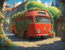 A vibrant red bus with a melancholic expression sits on a cobblestone road in a Studio Ghibli-inspired world