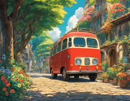 A vibrant red bus with a melancholic expression sits on a cobblestone road in a Studio Ghibli-inspired world