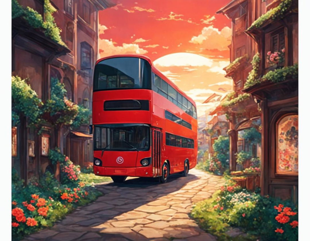 A vibrant red bus with a melancholic expression sits on a cobblestone road in a Naruto-inspired world