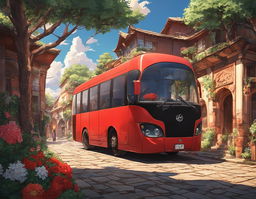 A vibrant red bus with a melancholic expression sits on a cobblestone road in a Naruto-inspired world