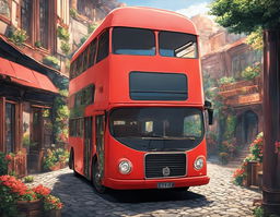 A vibrant red bus with a melancholic expression sits on a cobblestone road in a Naruto-inspired world