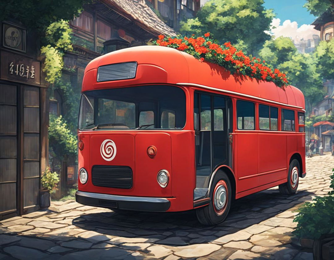 A vibrant red bus with a melancholic expression sits on a cobblestone road in a Naruto-inspired world