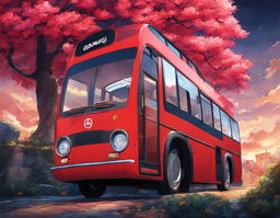 A vibrant red bus with a melancholic expression sits on a cobblestone road in a Naruto-inspired world