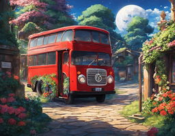 A vibrant red bus with a melancholic expression sits on a cobblestone road in a Naruto-inspired world