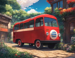 A vibrant red bus with a melancholic expression sits on a cobblestone road in a Naruto-inspired world