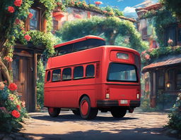 A vibrant red bus with a melancholic expression sits on a cobblestone road in a Naruto-inspired world