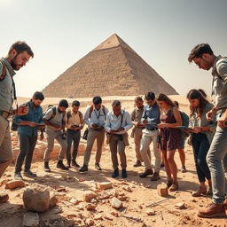 A captivating scene of modern archaeologists deeply engrossed in the exploration of the ancient remains of Khufu's pyramid