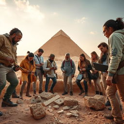 A captivating scene of modern archaeologists deeply engrossed in the exploration of the ancient remains of Khufu's pyramid