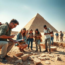 A captivating scene of modern archaeologists deeply engrossed in the exploration of the ancient remains of Khufu's pyramid
