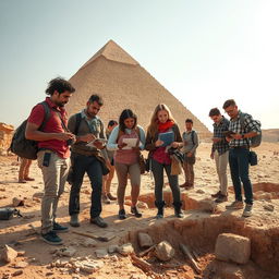 A captivating scene of modern archaeologists deeply engrossed in the exploration of the ancient remains of Khufu's pyramid