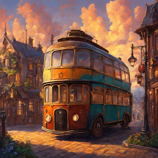 Steampunk bus in a Studio Ghibli style town during sunset, depicted as an oil painting.