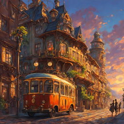 Steampunk bus in a Studio Ghibli style town during sunset, depicted as an oil painting.