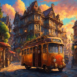 Steampunk bus in a Studio Ghibli style town during sunset, depicted as an oil painting.