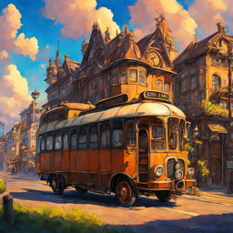 Steampunk bus in a Studio Ghibli style town during sunset, depicted as an oil painting.