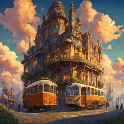 A strikingly detailed steampunk bus in a Studio Ghibli style town at sunset, depicted as an oil painting with a grandeur sky and bustling town