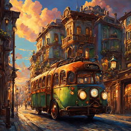 A strikingly detailed steampunk bus in a Studio Ghibli style town at sunset, depicted as an oil painting with a grandeur sky and bustling town