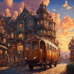 A strikingly detailed steampunk bus in a Studio Ghibli style town at sunset, depicted as an oil painting with a grandeur sky and bustling town