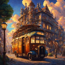 A strikingly detailed steampunk bus in a Studio Ghibli style town at sunset, depicted as an oil painting with a grandeur sky and bustling town