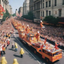 Generate an image of a lively parade featuring giant marionettes, held up by cranes and controlled by ground technicians