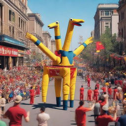 Generate an image of a lively parade featuring giant marionettes, held up by cranes and controlled by ground technicians