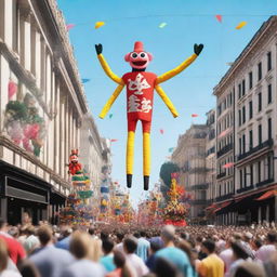 Generate an image of a lively parade featuring giant marionettes, held up by cranes and controlled by ground technicians