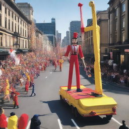 Generate an image of a lively parade featuring giant marionettes, held up by cranes and controlled by ground technicians