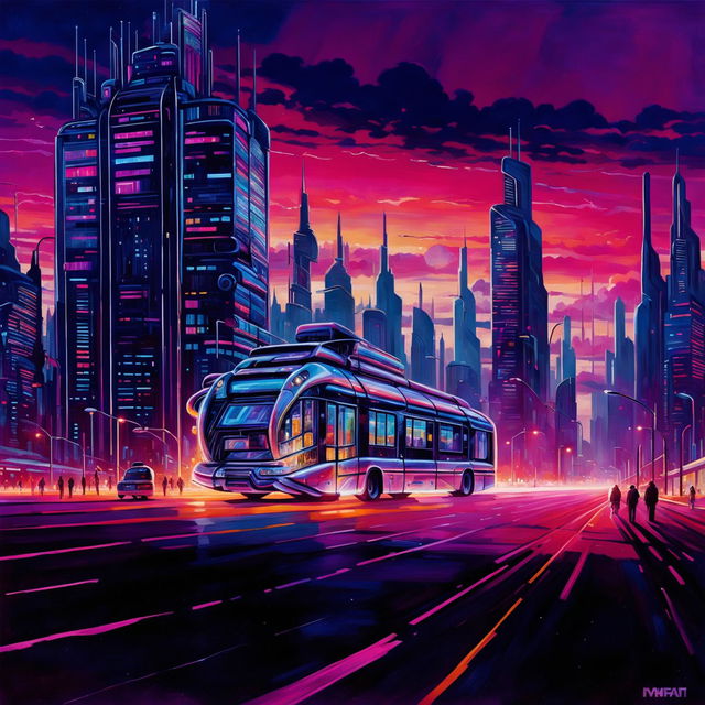 Cyberpunk bus in a futuristic city at sunset, depicted as an oil painting with a grandeur sky and bustling metropolis.