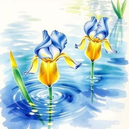 A beautiful watercolor painting featuring blue and yellow iris flowers gracefully floating on water