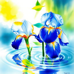 A beautiful watercolor painting featuring blue and yellow iris flowers gracefully floating on water