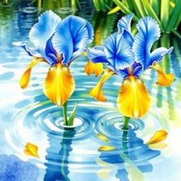 A beautiful watercolor painting featuring blue and yellow iris flowers gracefully floating on water