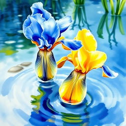 A beautiful watercolor painting featuring blue and yellow iris flowers gracefully floating on water