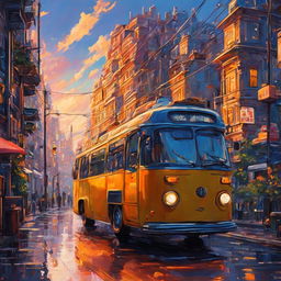 Cyberpunk bus in a Studio Ghibli style city at sunset, depicted as an oil painting. A masterpiece of breathtaking beauty.