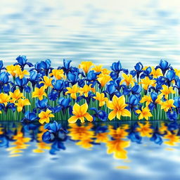 An intricate watercolor painting showcasing a multitude of blue and yellow iris flowers meticulously laid out in a straight row on the surface of serene water