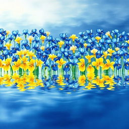 An intricate watercolor painting showcasing a multitude of blue and yellow iris flowers meticulously laid out in a straight row on the surface of serene water